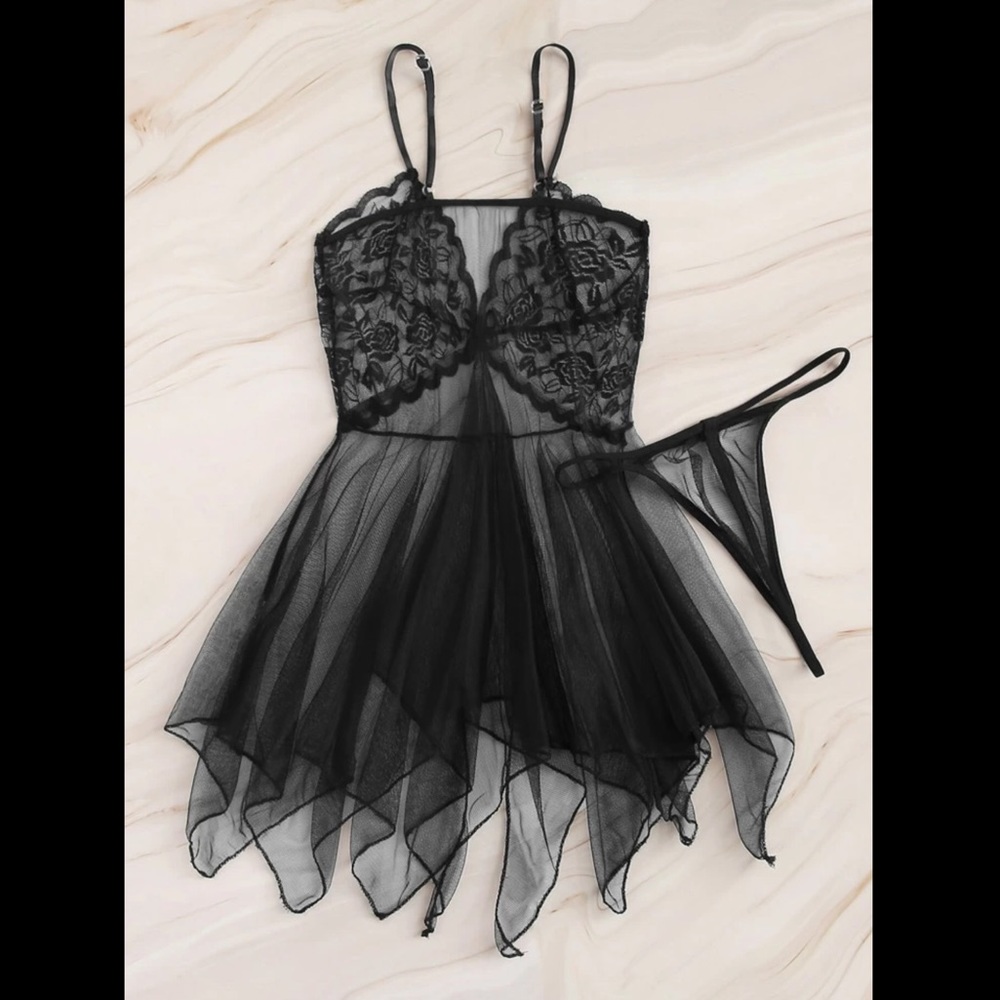 Black, Floral Lace, Sheer, Elegant, Lingerie Set